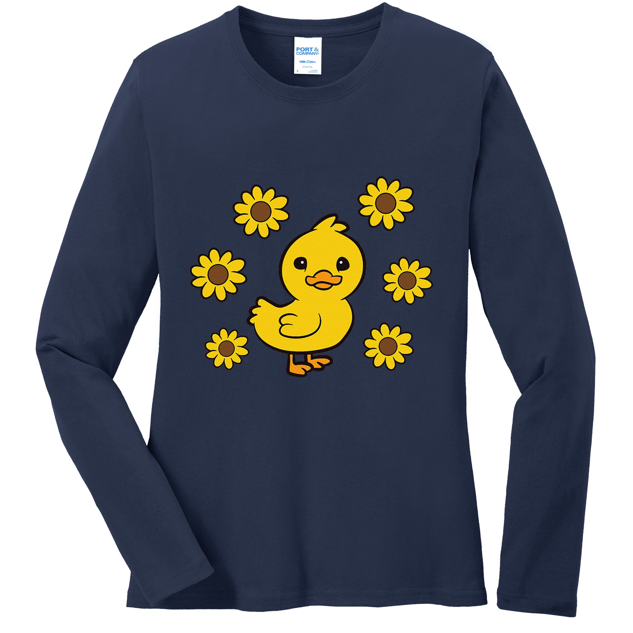 Cute Duck Summer Sunflower Kawaii Duck Ladies Long Sleeve Shirt