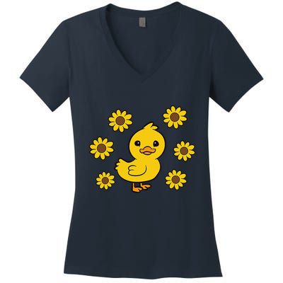 Cute Duck Summer Sunflower Kawaii Duck Women's V-Neck T-Shirt