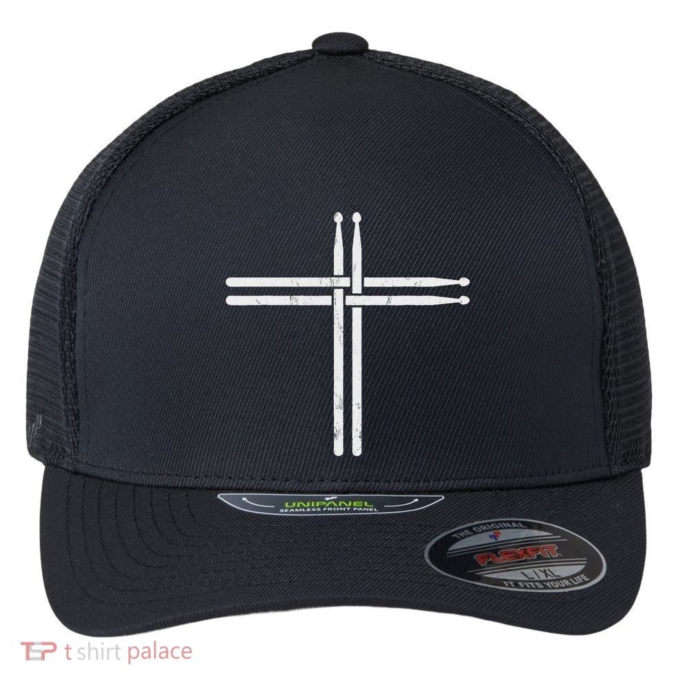 Christian Drum Stick Cross Funny Drummer Flexfit Unipanel Trucker Cap