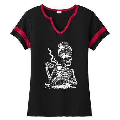 Coffee Drinking Skeleton Lazy DIY Halloween Costume Ladies Halftime Notch Neck Tee