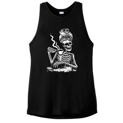 Coffee Drinking Skeleton Lazy DIY Halloween Costume Ladies PosiCharge Tri-Blend Wicking Tank