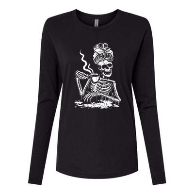 Coffee Drinking Skeleton Lazy DIY Halloween Costume Womens Cotton Relaxed Long Sleeve T-Shirt