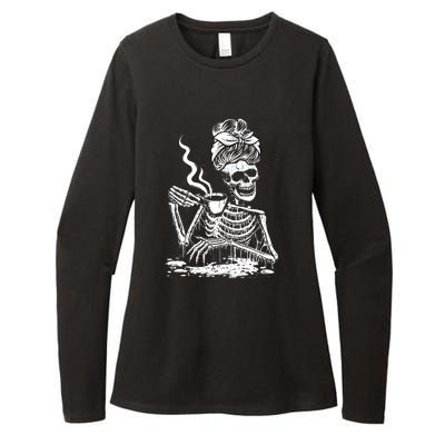 Coffee Drinking Skeleton Lazy DIY Halloween Costume Womens CVC Long Sleeve Shirt