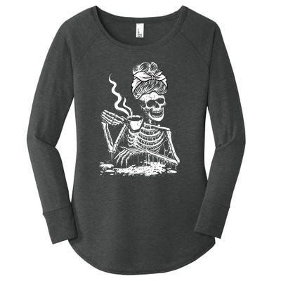 Coffee Drinking Skeleton Lazy DIY Halloween Costume Women's Perfect Tri Tunic Long Sleeve Shirt