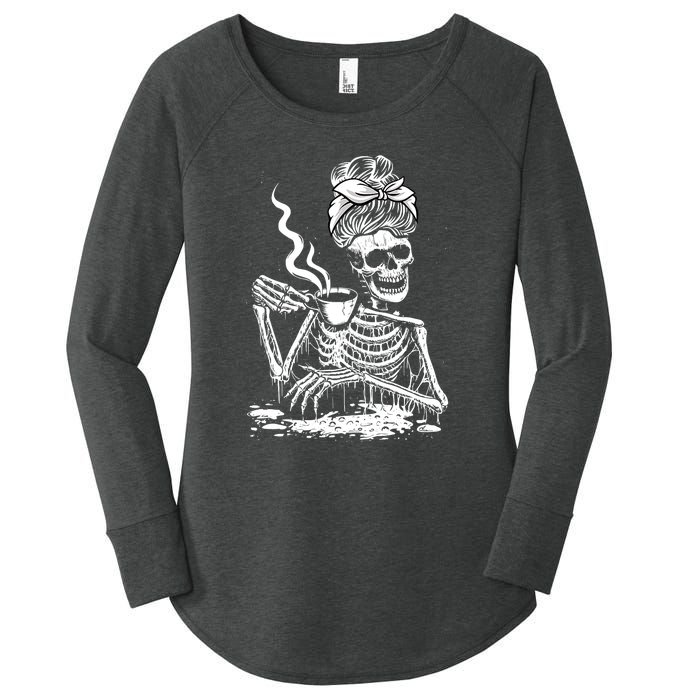 Coffee Drinking Skeleton Lazy DIY Halloween Costume Women's Perfect Tri Tunic Long Sleeve Shirt