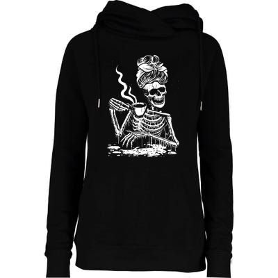 Coffee Drinking Skeleton Lazy DIY Halloween Costume Womens Funnel Neck Pullover Hood