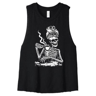 Coffee Drinking Skeleton Lazy DIY Halloween Costume Women's Racerback Cropped Tank