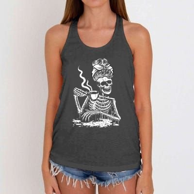 Coffee Drinking Skeleton Lazy DIY Halloween Costume Women's Knotted Racerback Tank