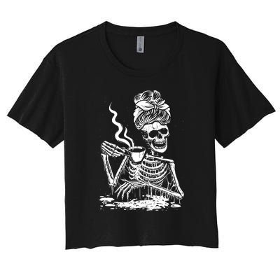 Coffee Drinking Skeleton Lazy DIY Halloween Costume Women's Crop Top Tee