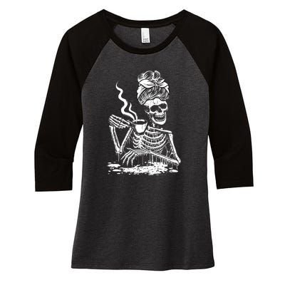 Coffee Drinking Skeleton Lazy DIY Halloween Costume Women's Tri-Blend 3/4-Sleeve Raglan Shirt