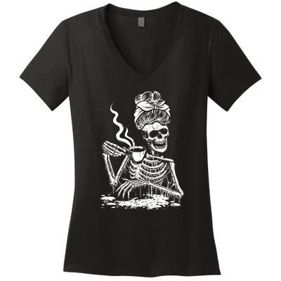 Coffee Drinking Skeleton Lazy DIY Halloween Costume Women's V-Neck T-Shirt