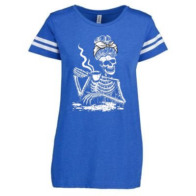 Coffee Drinking Skeleton Lazy DIY Halloween Costume Enza Ladies Jersey Football T-Shirt