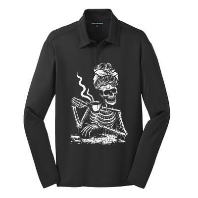 Coffee Drinking Skeleton Lazy DIY Halloween Costume Silk Touch Performance Long Sleeve Polo