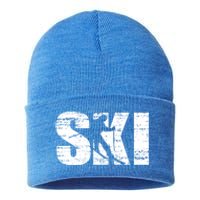 Cool Distressed Skiing Cute Gift For Skiers Sustainable Knit Beanie