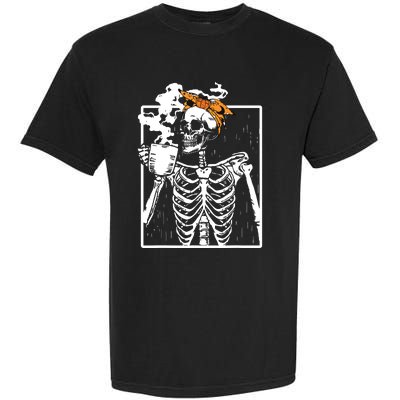 Coffee Drinking Skeleton Diy Halloween Messy Bun Women Girl Garment-Dyed Heavyweight T-Shirt