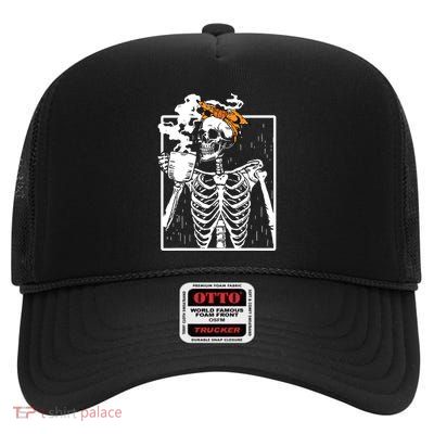 Coffee Drinking Skeleton Diy Halloween Messy Bun Women Girl High Crown Mesh Back Trucker Hat