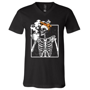 Coffee Drinking Skeleton Diy Halloween Messy Bun Women Girl V-Neck T-Shirt