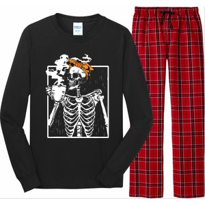 Coffee Drinking Skeleton Diy Halloween Messy Bun Women Girl Long Sleeve Pajama Set