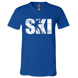 Cool Distressed Skiing Gift For Skiers V-Neck T-Shirt