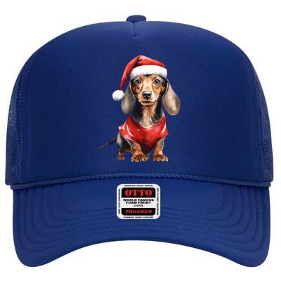 Cute Dachshund Santa Watercolor Portrait Christmas Dachshund Gift High Crown Mesh Back Trucker Hat