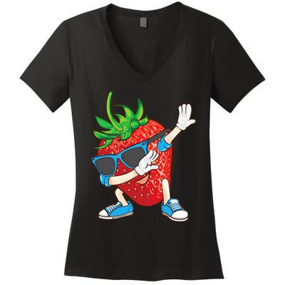 Cool Dabbing Strawberry Funny Love Dancer Sweet Fruit Gift Women's V-Neck T-Shirt