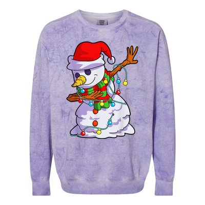 Cute Dabbing Snowman Christmas Lights Matching Family Pajama Colorblast Crewneck Sweatshirt