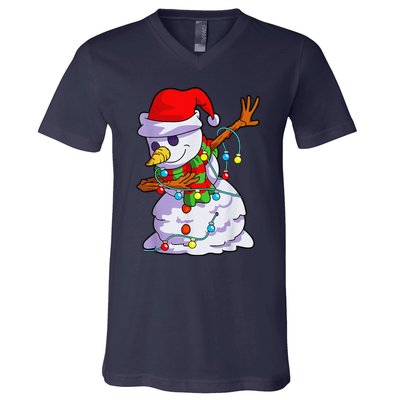 Cute Dabbing Snowman Christmas Lights Matching Family Pajama V-Neck T-Shirt