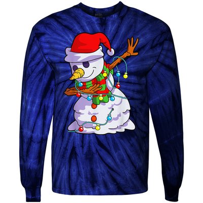 Cute Dabbing Snowman Christmas Lights Matching Family Pajama Tie-Dye Long Sleeve Shirt