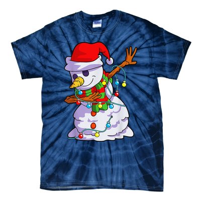 Cute Dabbing Snowman Christmas Lights Matching Family Pajama Tie-Dye T-Shirt