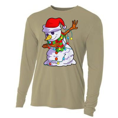 Cute Dabbing Snowman Christmas Lights Matching Family Pajama Cooling Performance Long Sleeve Crew