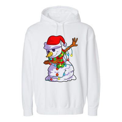 Cute Dabbing Snowman Christmas Lights Matching Family Pajama Garment-Dyed Fleece Hoodie