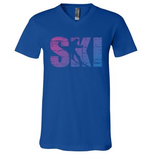 Cool Distressed Skiing Gift For Skiers V-Neck T-Shirt