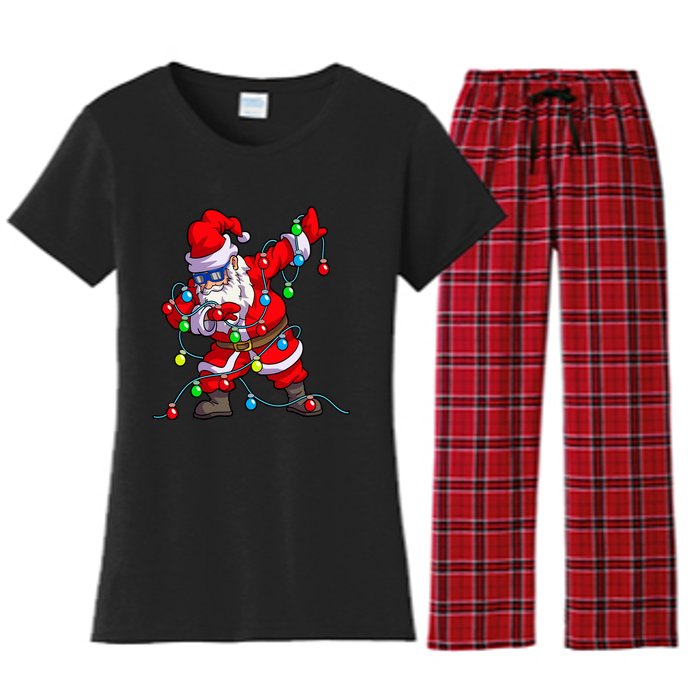 Christmas Dabbing Santa Xmas Gifts Tree Lights Long Sleeve Women's Flannel Pajama Set