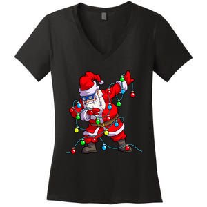 Christmas Dabbing Santa Xmas Gifts Tree Lights Long Sleeve Women's V-Neck T-Shirt