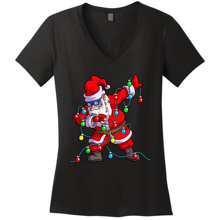 Christmas Dabbing Santa Xmas Gifts Tree Lights Long Sleeve Women's V-Neck T-Shirt