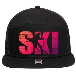 Cool Distressed Skiing Gift For Skiers 7 Panel Mesh Trucker Snapback Hat