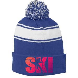 Cool Distressed Skiing Gift For Skiers Stripe Pom Pom Beanie