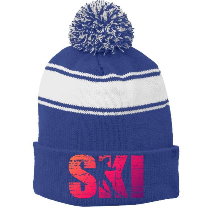 Cool Distressed Skiing Gift For Skiers Stripe Pom Pom Beanie