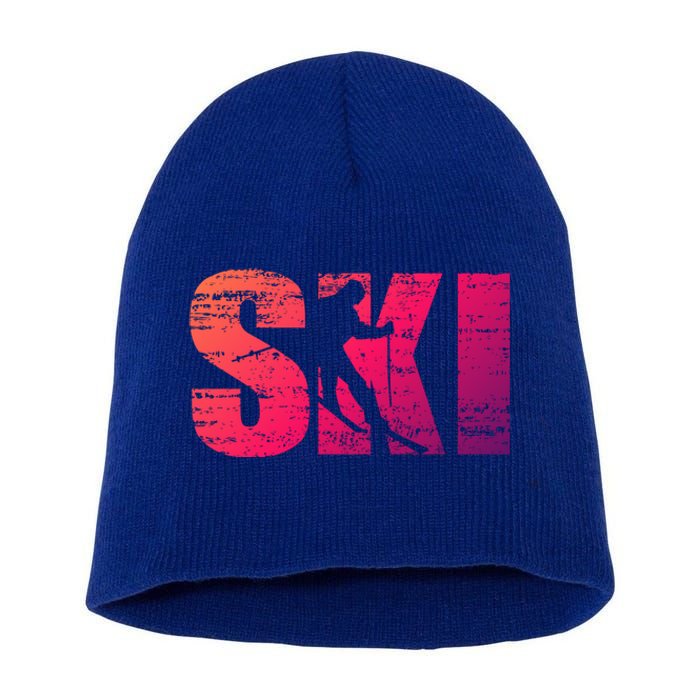 Cool Distressed Skiing Gift For Skiers Short Acrylic Beanie