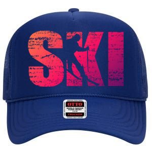 Cool Distressed Skiing Gift For Skiers High Crown Mesh Back Trucker Hat