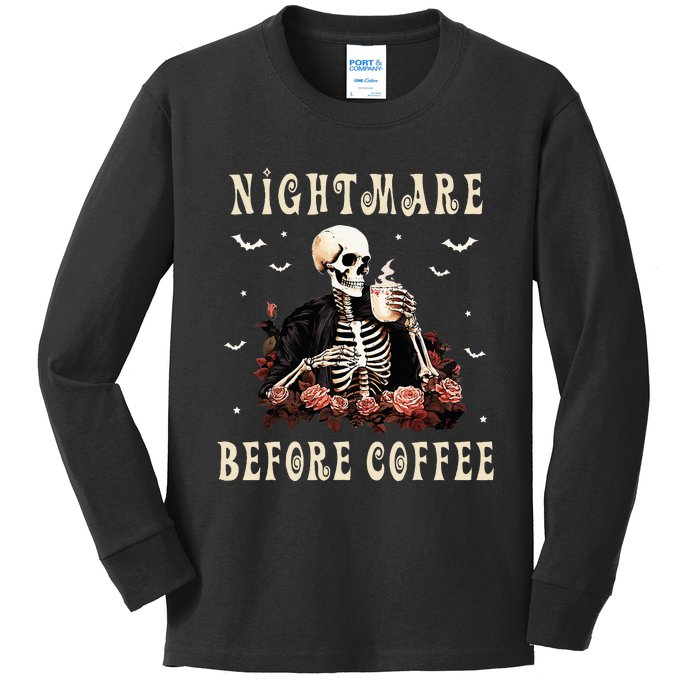 Coffee Drinking Skeleton Mug Halloween Funny Costume Skull Kids Long Sleeve Shirt