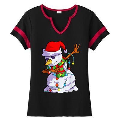 Cute Dabbing Snowman Christmas Lights Matching Family Pajama Ladies Halftime Notch Neck Tee