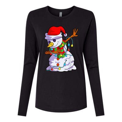 Cute Dabbing Snowman Christmas Lights Matching Family Pajama Womens Cotton Relaxed Long Sleeve T-Shirt