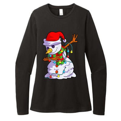 Cute Dabbing Snowman Christmas Lights Matching Family Pajama Womens CVC Long Sleeve Shirt