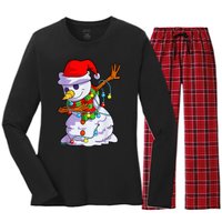 Cute Dabbing Snowman Christmas Lights Matching Family Pajama Women's Long Sleeve Flannel Pajama Set 