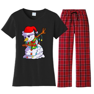 Cute Dabbing Snowman Christmas Lights Matching Family Pajama Women's Flannel Pajama Set