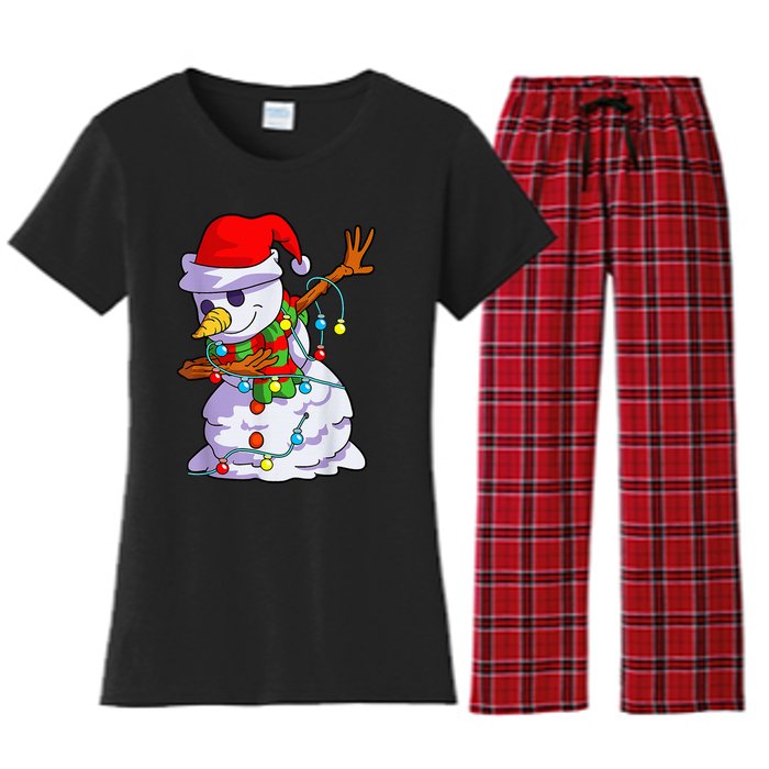 Cute Dabbing Snowman Christmas Lights Matching Family Pajama Women's Flannel Pajama Set