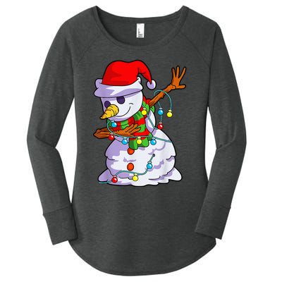 Cute Dabbing Snowman Christmas Lights Matching Family Pajama Women's Perfect Tri Tunic Long Sleeve Shirt