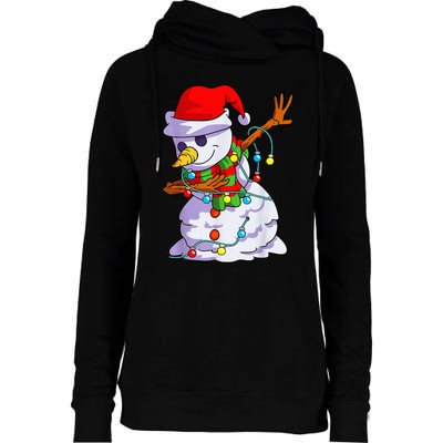 Cute Dabbing Snowman Christmas Lights Matching Family Pajama Womens Funnel Neck Pullover Hood