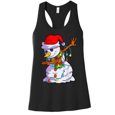 Cute Dabbing Snowman Christmas Lights Matching Family Pajama Women's Racerback Tank